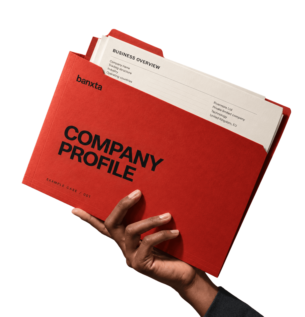 A red company profile folder held in one hand, with a business overview sheet inside it filled in for an example company.